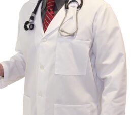 Image of a person wearing the unisex lab coat for both men and women. This white lab coat has a lapel collar, side access alits, a plain back, and a four button closure.