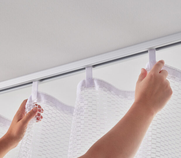 The all-fabric design of our innovative AMY privacy curtain.